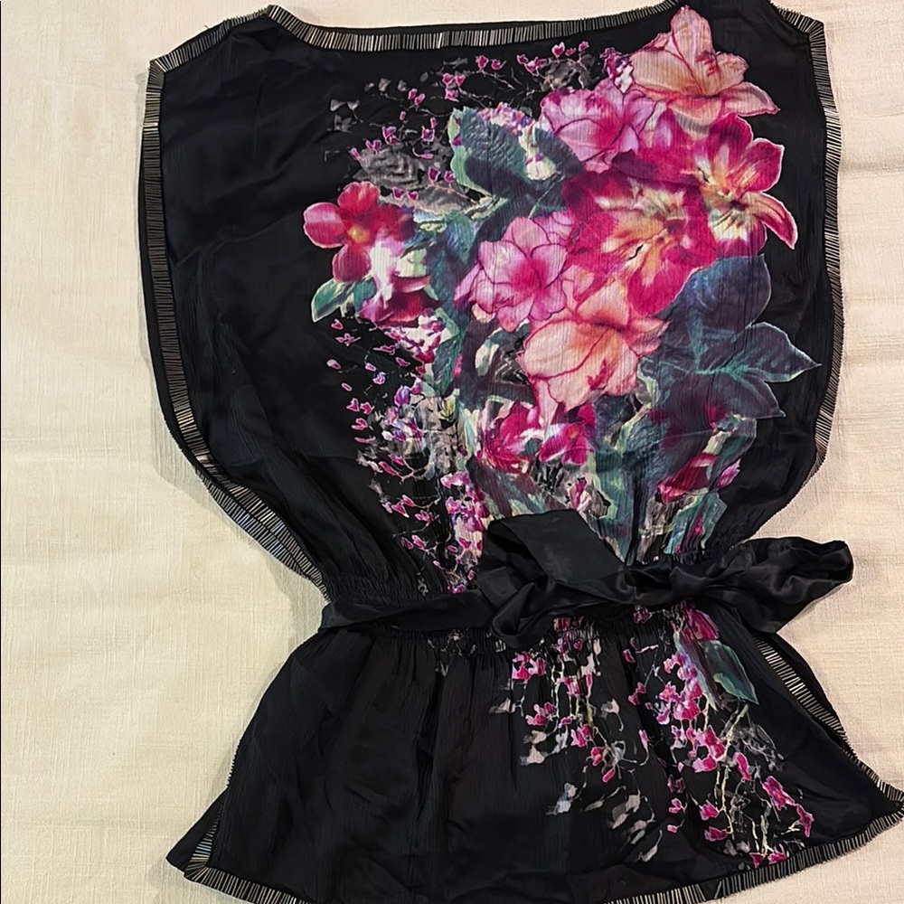 Bebe Black Top with Pink Floral Accents